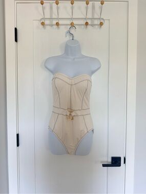 Strapless Ivory One-Piece Swimsuit with Gold Buckle